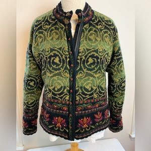Icelandic Vintage Look Design Embroidered Wool Sweater Jacket
